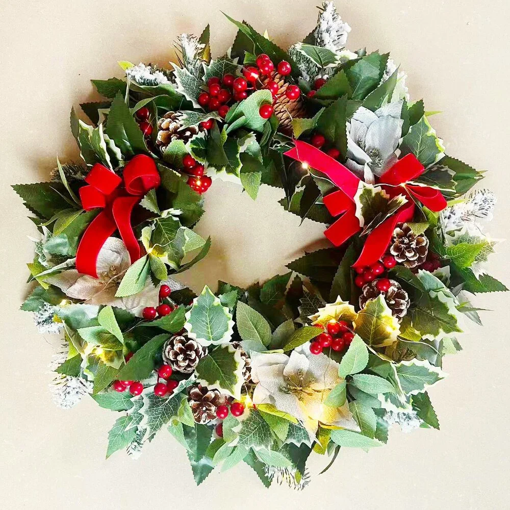 Regal Holiday Glam 24 Christmas Wreath, Prelit with Frosty Branches, Snowy Pine